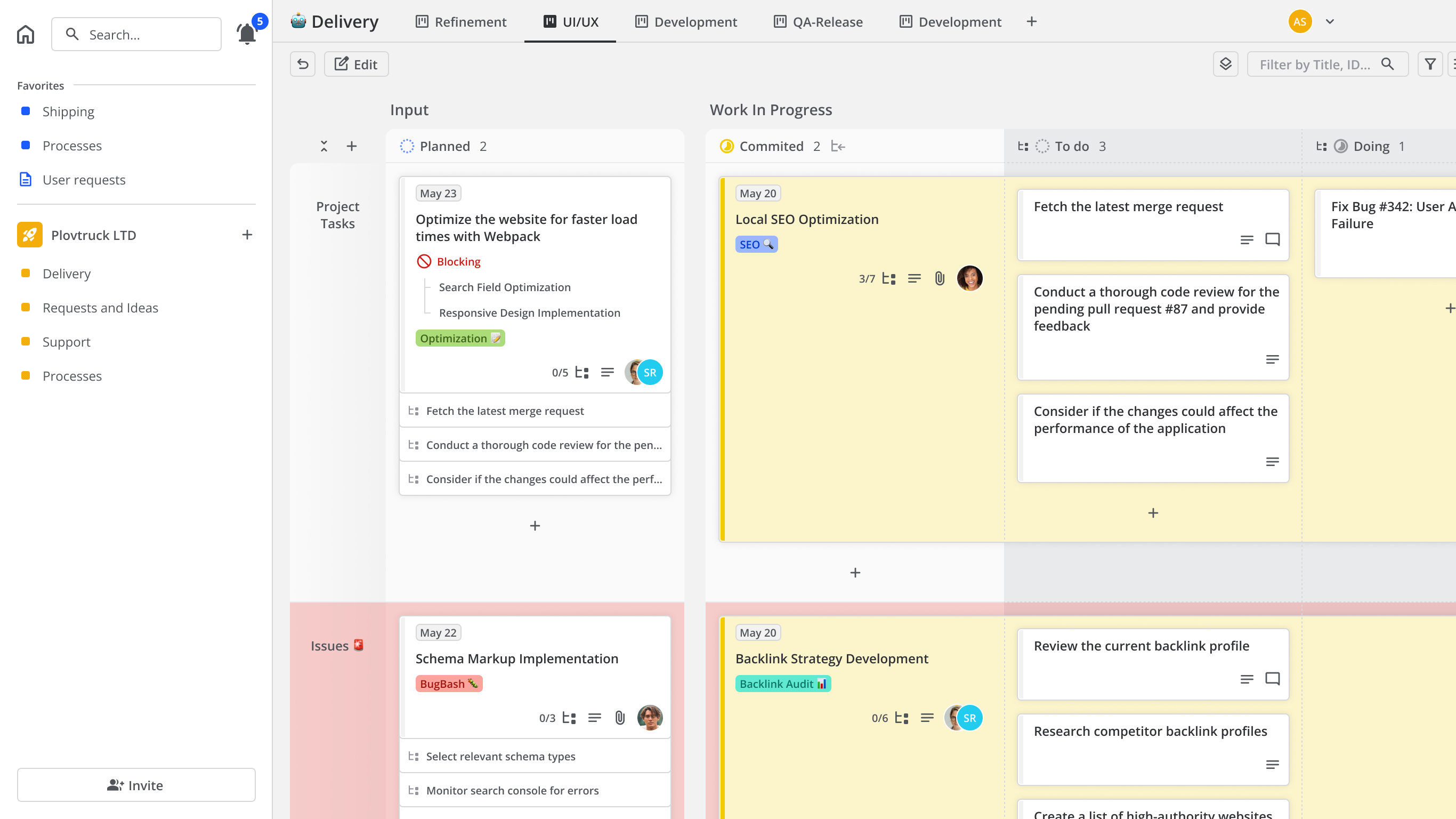 Sub statuses expanded next to another status group